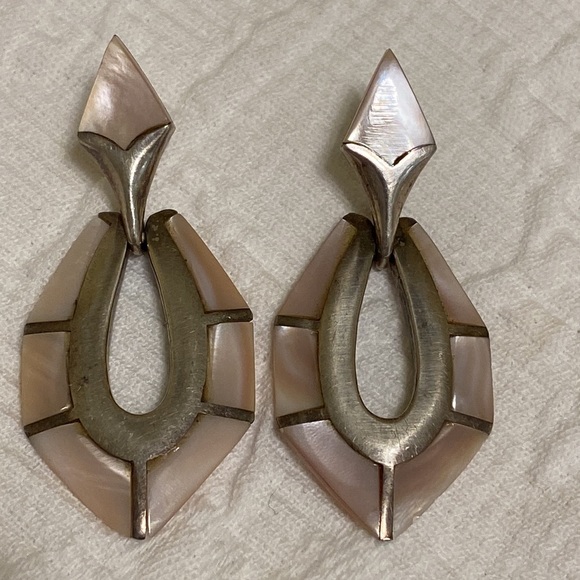 Sterling and Pink MOP Signed Earrings - Picture 1 of 6